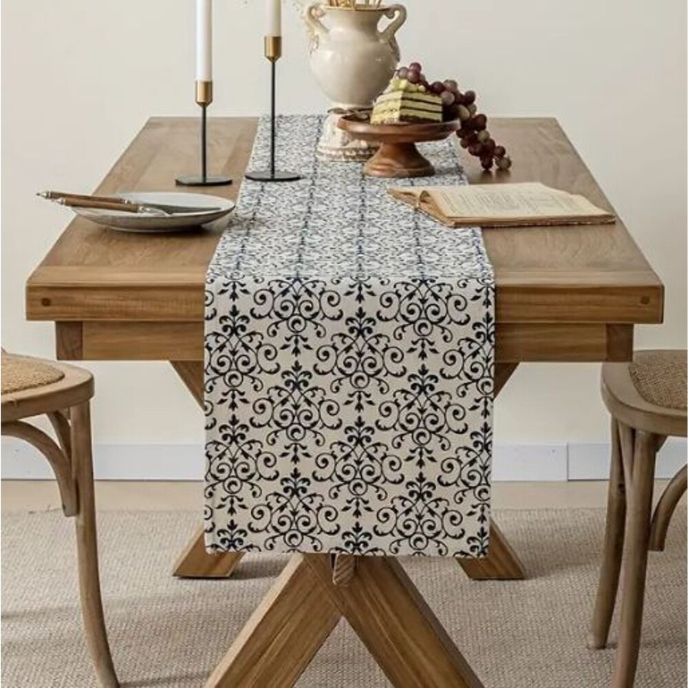 Table Runner 13x108in Beige with Navy Blue design Boho Chic Polyester